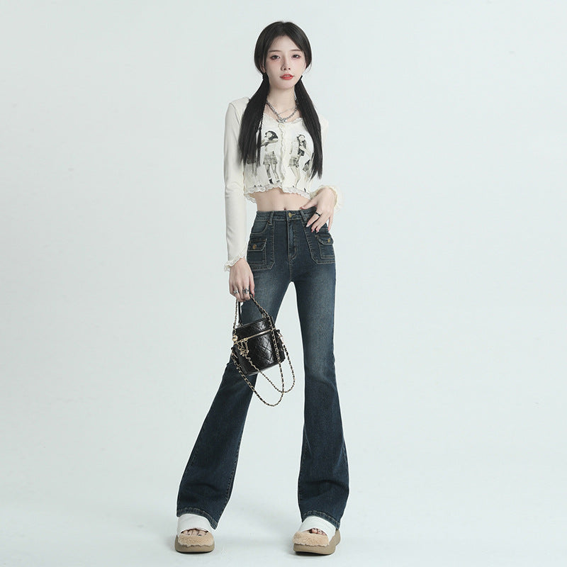 Women's Retro Orange Satin Flare Jeans with Multi-Pocket Design