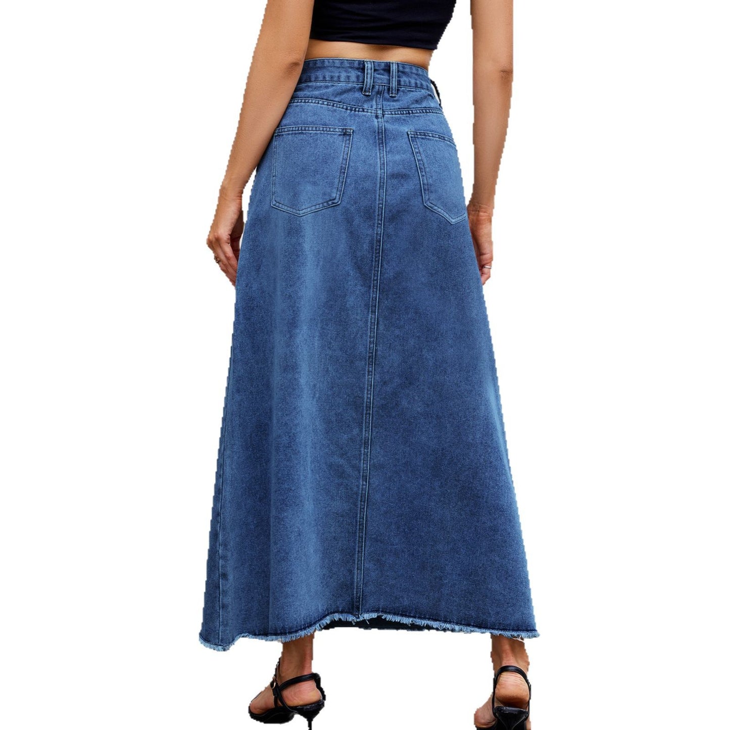 Chic High-Waisted Denim Midi Skirt for Women with Pockets