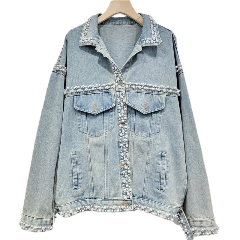 Women's Light Blue Denim Jacket with Pearl Embroidery and Flares
