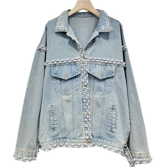 Women's Light Blue Denim Jacket with Pearl Embroidery and Flares