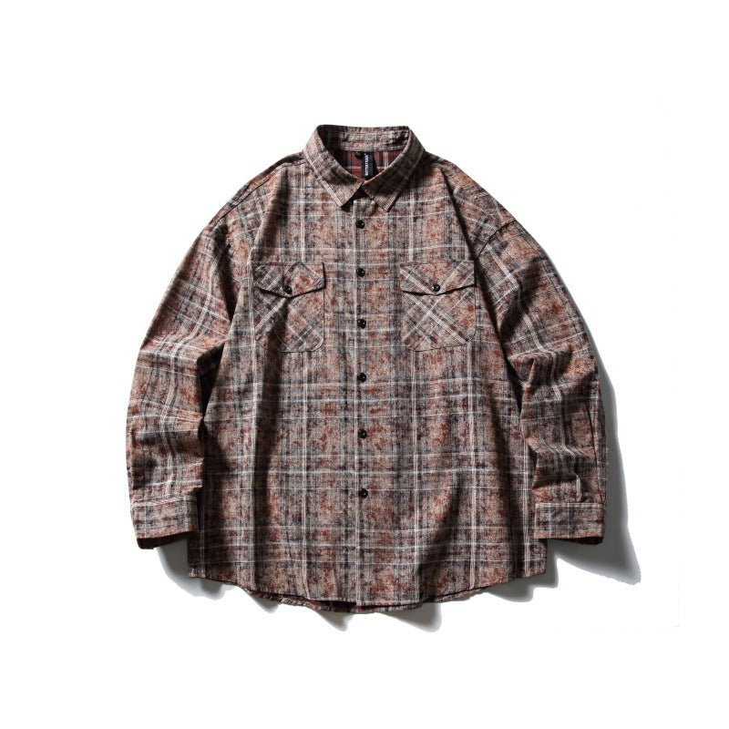 Spray Dyed Checkered Shirt Pocket Decoration Shirt