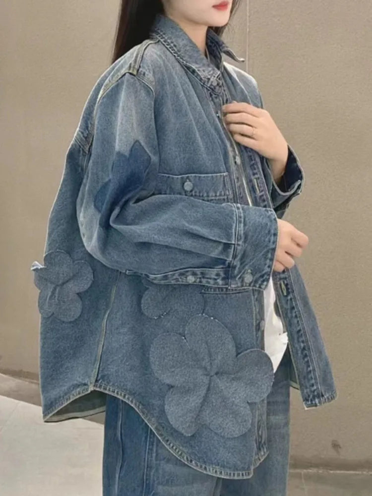 Elegant Floral Denim Jacket for Women - Loose Fit