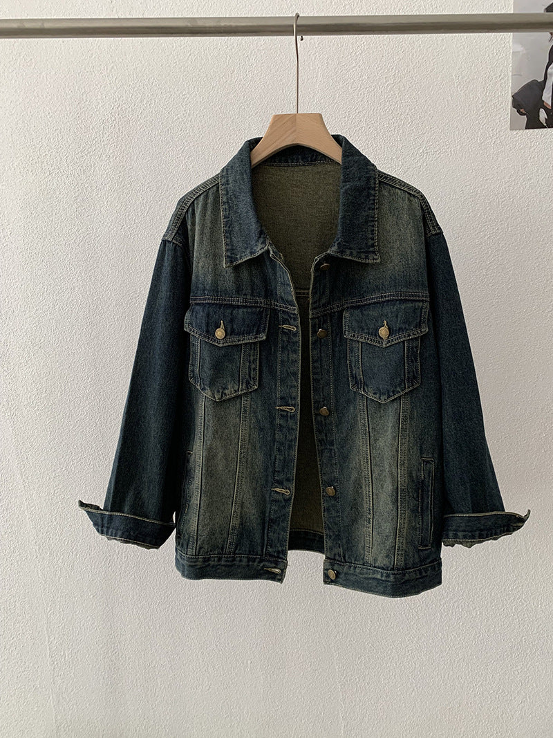 Vintage Distressed Denim Jacket for Women, Loose Fit Single-Breasted, Long Sleeve Top