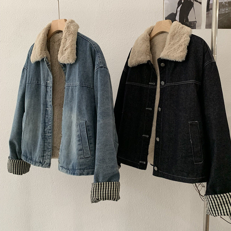 Patchwork Stripe Collar Thick Fleece Lined Single Button Long Sleeve Denim Jacket for Women