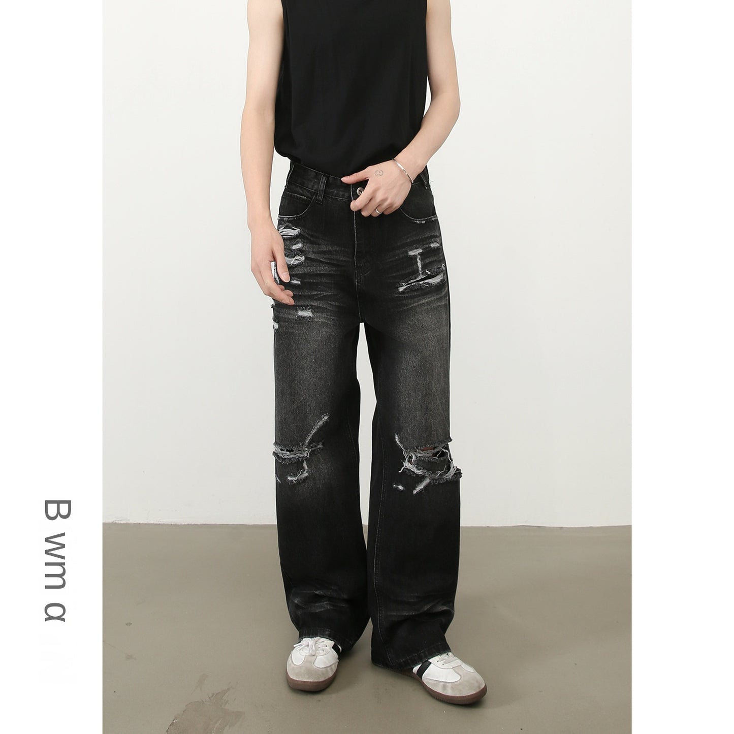 American Retro High Street Washed Distressed Denim Trousers for Men