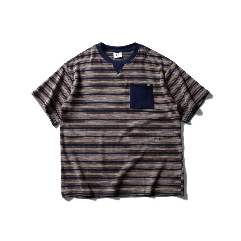 Tie Bag Contrasting Color Loose Small Collar Striped Short Sleeved Men