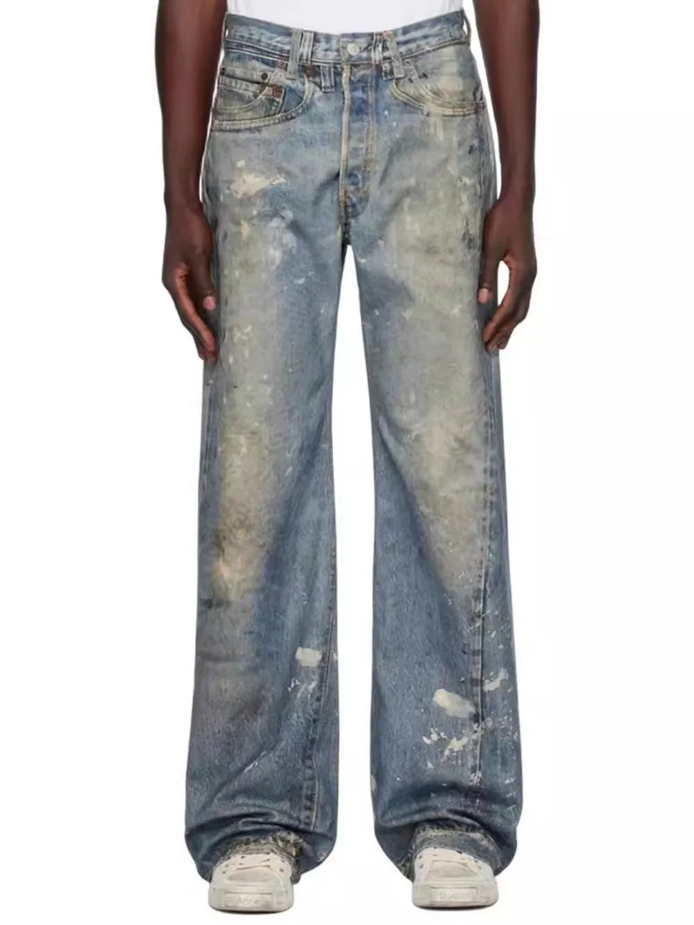 Men's Washed Printed Straight Jeans - Premium Japanese Denim