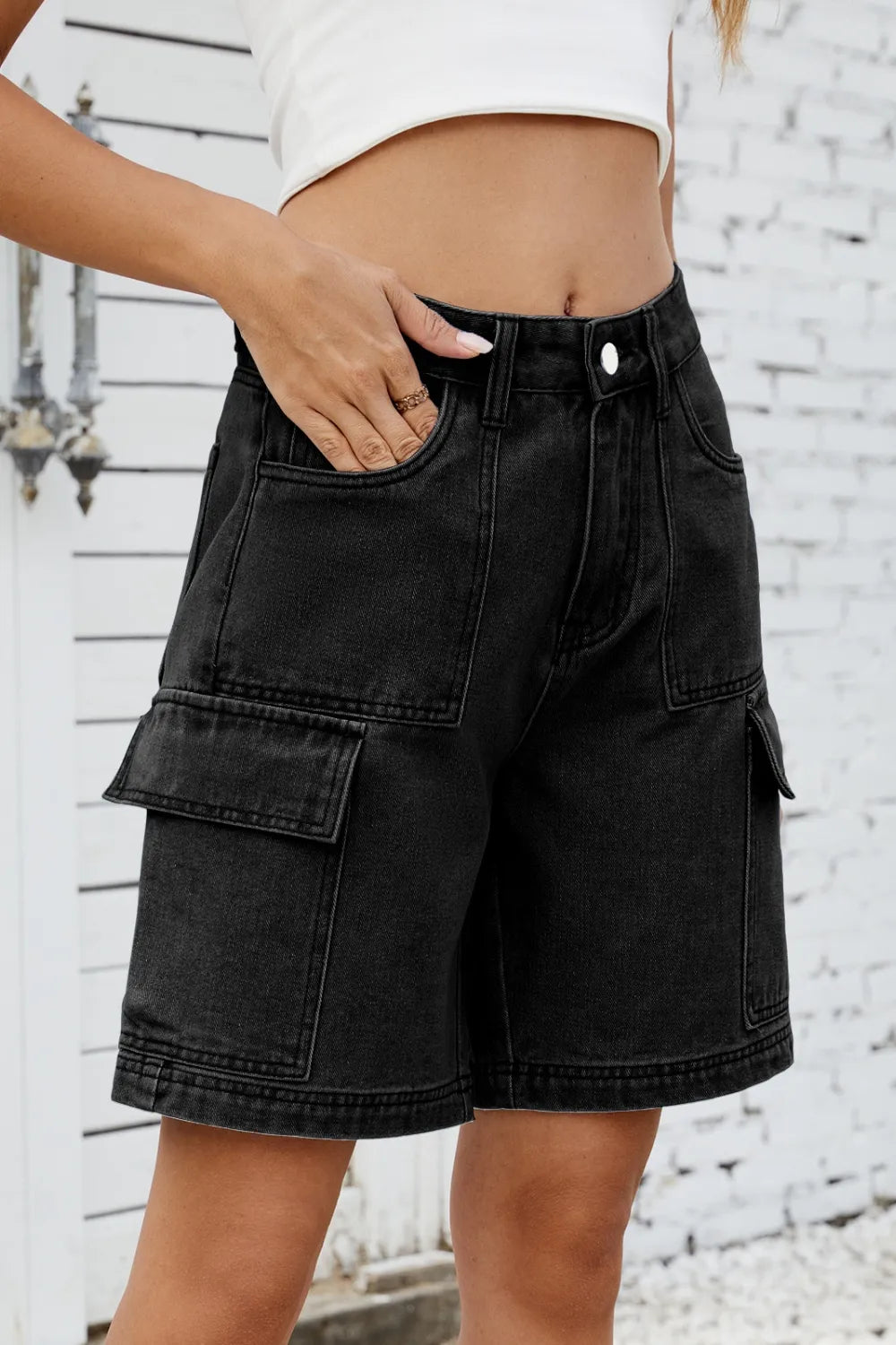 High Rise Denim Shorts with Cargo Pockets