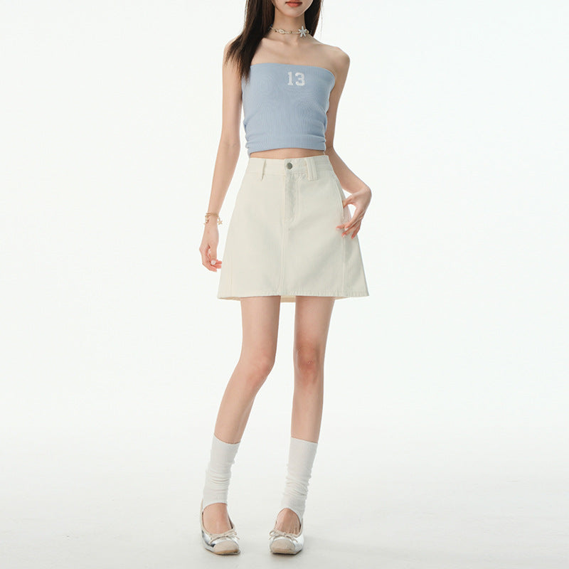 Light Color Denim Skirt for Women - High Waist Slim A-line Pencil Skirt