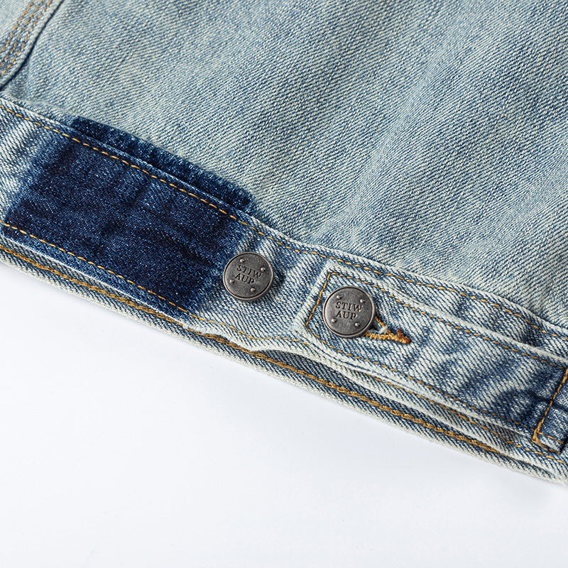 Punk Washed Distressed Denim Jacket - Men's Color Block Vintage Workwear