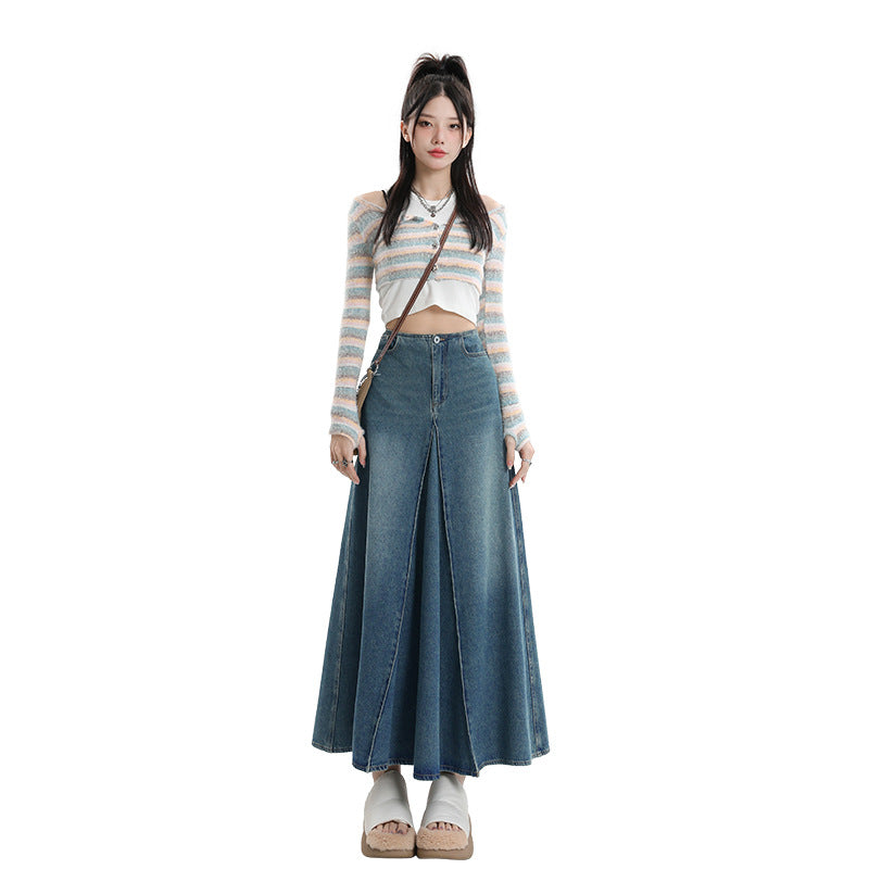 Women's Denim A-Line Midi Skirt with Spliced Design