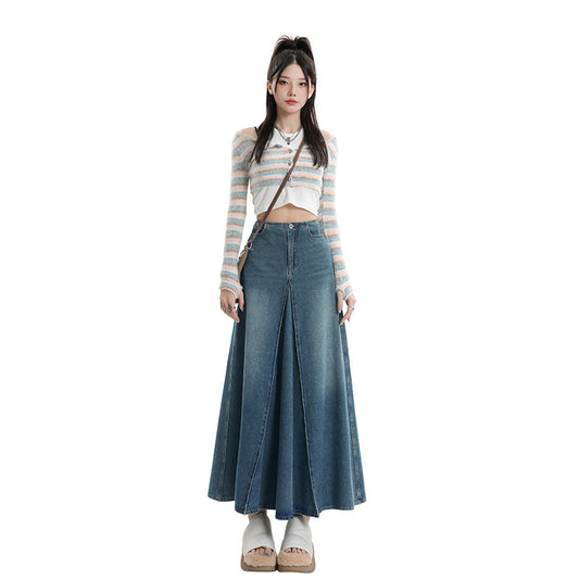 Women's Denim A-Line Midi Skirt with Spliced Design