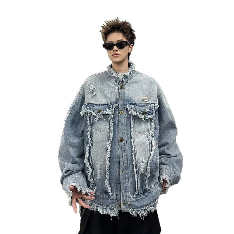 Washed Denim Jacket with Tassel and Frayed Edges