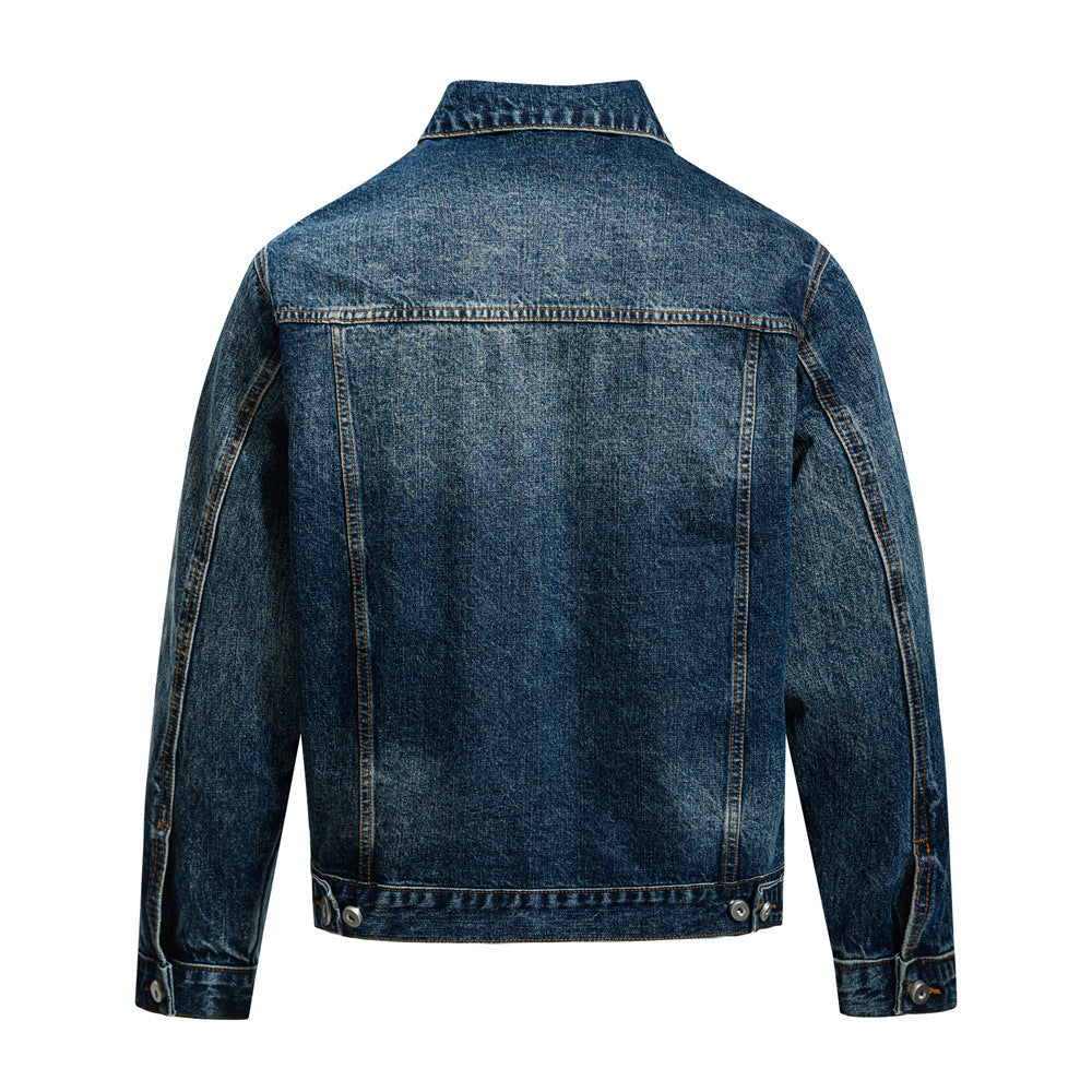 Men's Jacket with Turn-Down Collar, Distressed Multi-Pocket Design,  Loose Fit Casual Outerwear