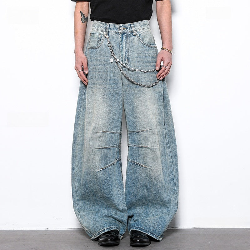 Bamboo Pattern Curved Knife Denim Loose and Slimming Wide Leg Pants