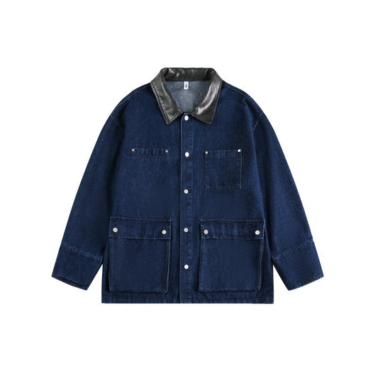 Mid-Length Color Block Denim Jacket with Pockets