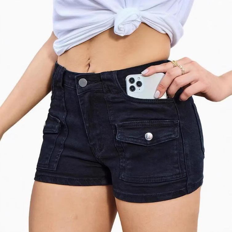 Elastic Denim Shorts for Women -  Pure Color Denim Short Pants