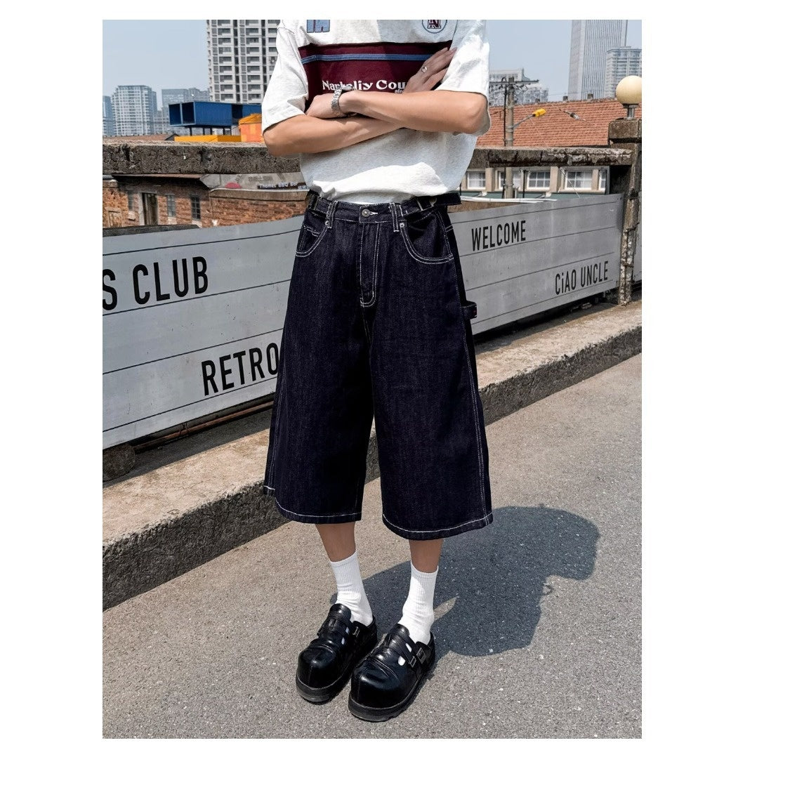 Wide Leg Denim Seven Quarter Straight Workwear Casual Shorts