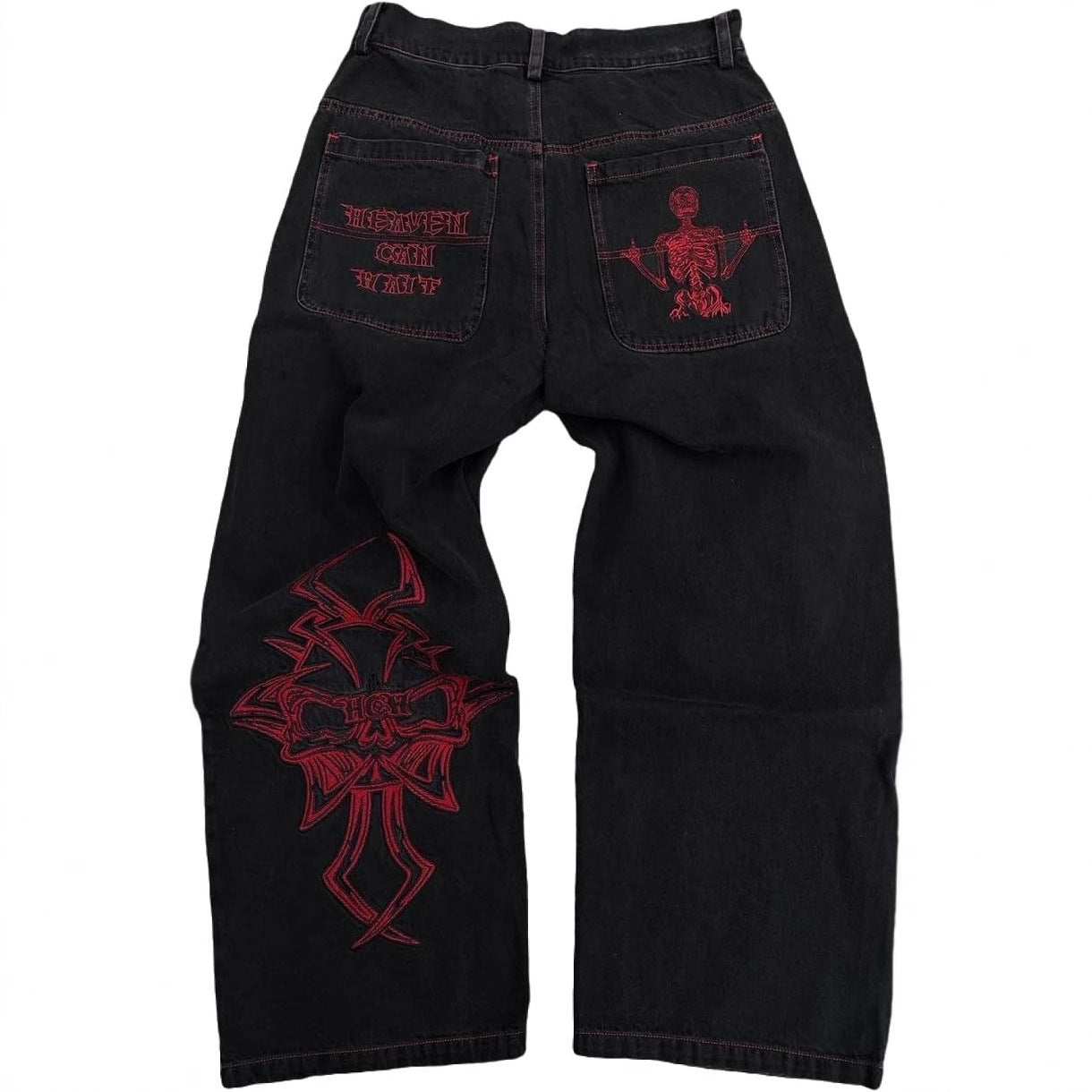 Retro Hip-Hop Goth Skeleton Embroidered Wide Leg Denim Jeans for Men