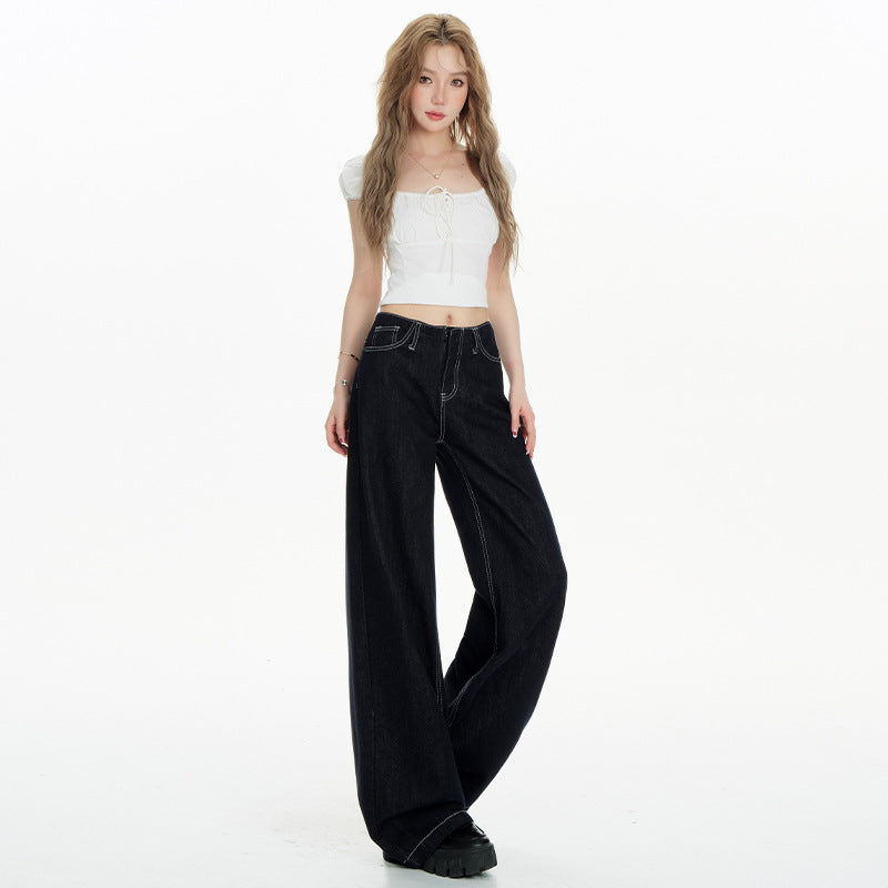 Women's Denim Wide-Leg Jeans - Low-Waist Loose Slim Straight Ankle-Length Pants