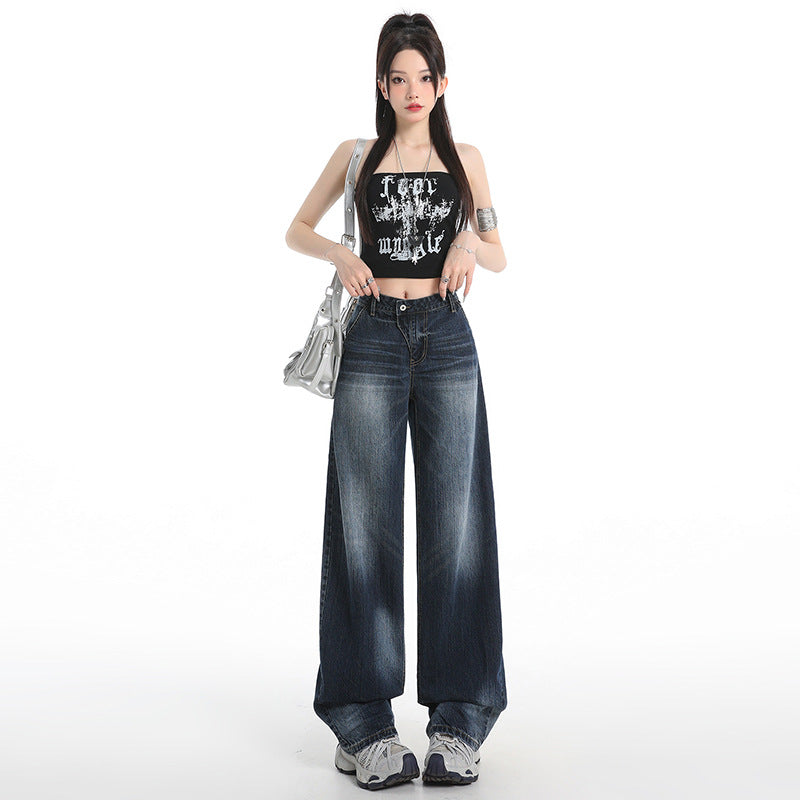 Washed Cat Whisker Wide Leg Jeans for Women - Unique Vintage Design