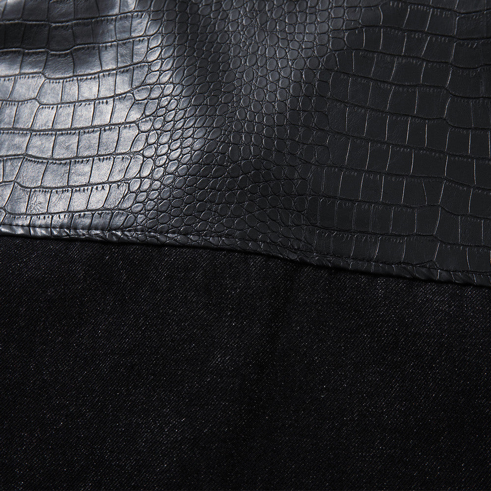 Black Color Block Denim Jacket — Loose Mid-Long Cotton Street Style