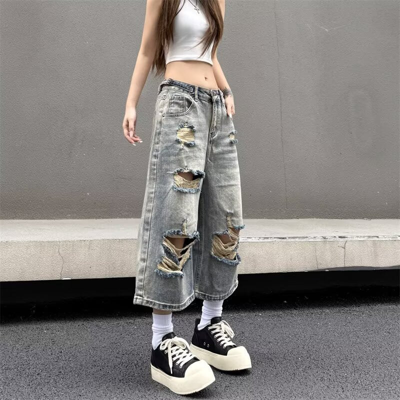 Light Colored Perforated Straight Leg Denim Cropped Pants for Women