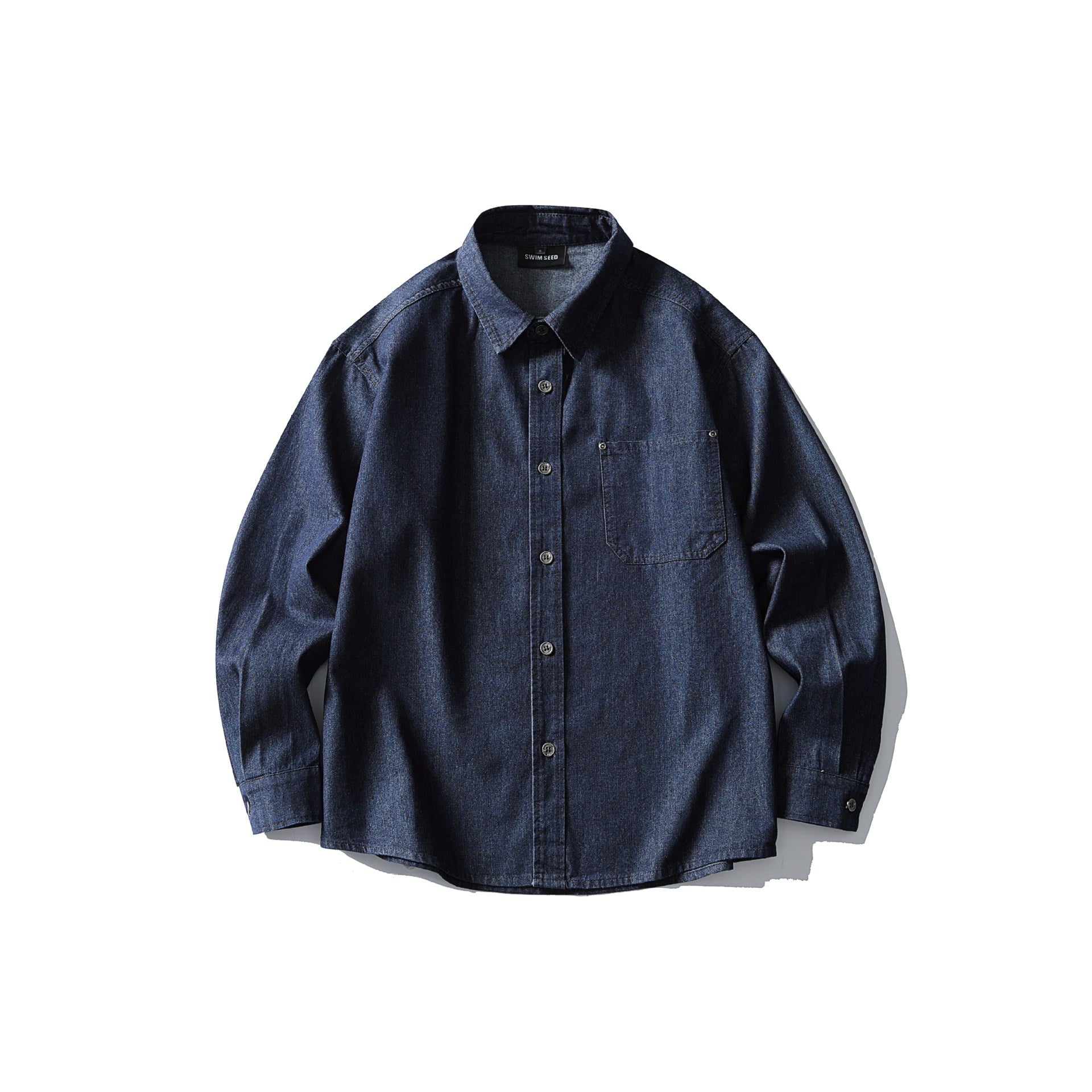 Patch Pocket Design Unisex Loose Casual Denim Long Sleeve Shirt