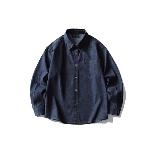 Patch Pocket Design Unisex Loose Casual Denim Long Sleeve Shirt