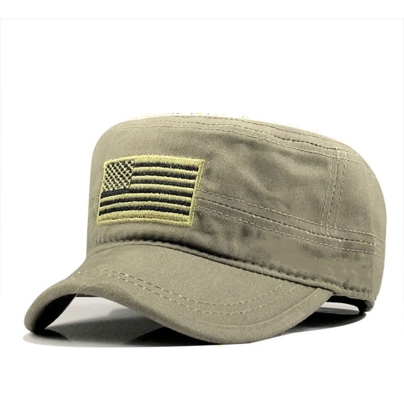Men's Washed Distressed Cotton Monochrome Flat Top Military Cap Outdoor Sunshade Peaked Cap