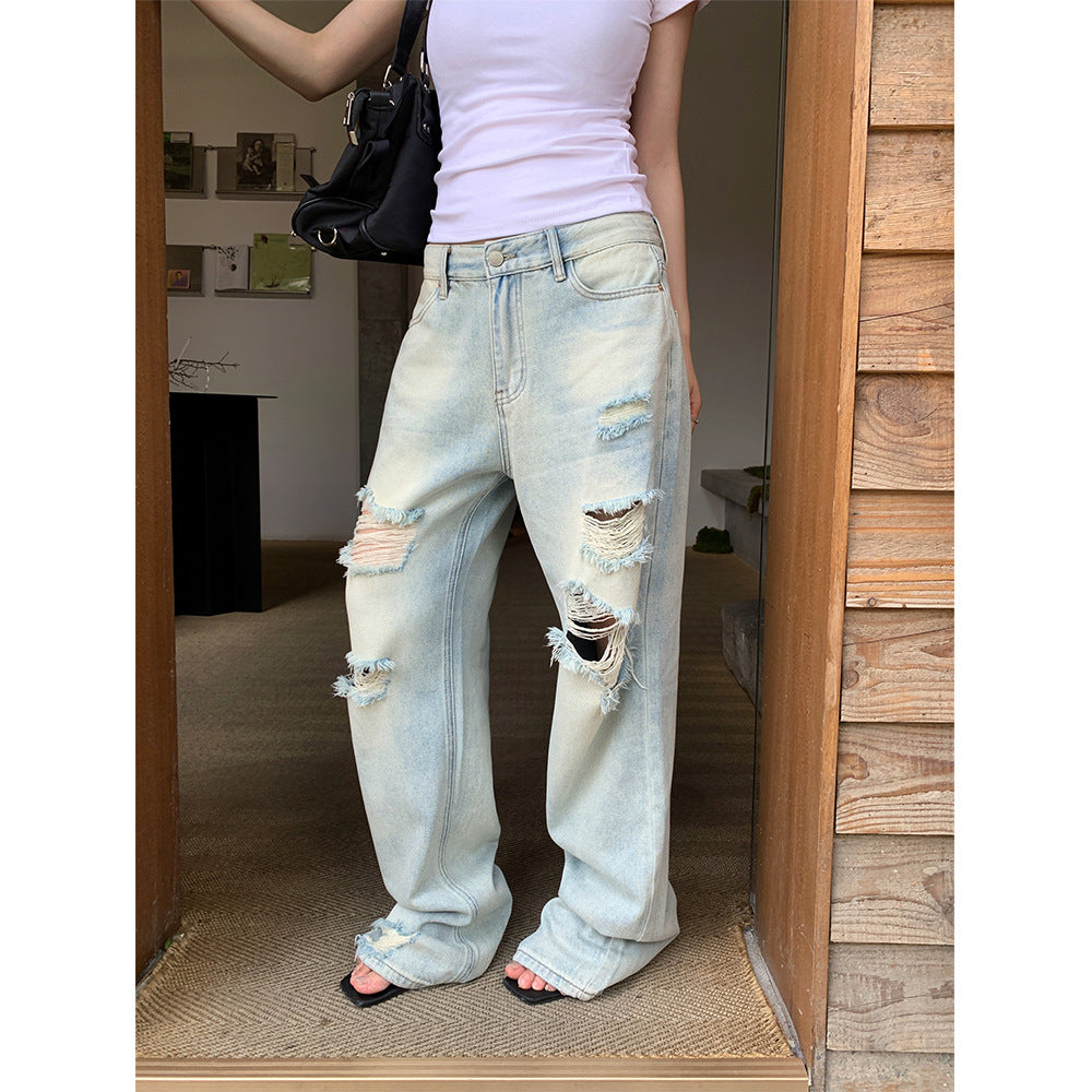High Street Distressed Ripped Straight Leg Jeans for Women - Vintage Casual Pants