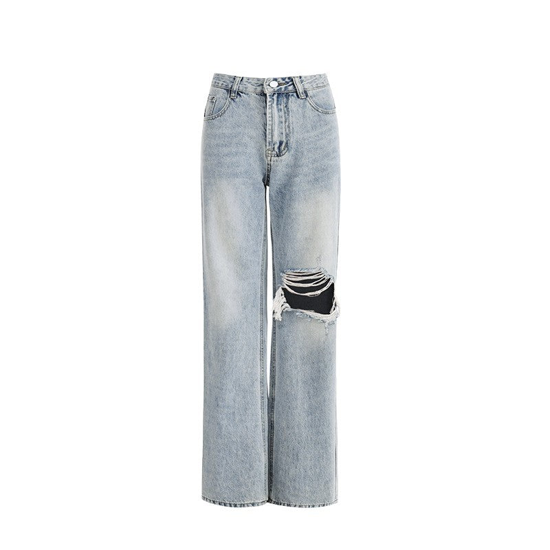 Light Blue Distressed Wide-Leg Jeans for Women - Retro Loose Straight Pants