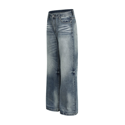 Vintage  Unisex Relaxed Fit Cat-Whisker Pattern Washed Blue Flared Denim Jeans for Men