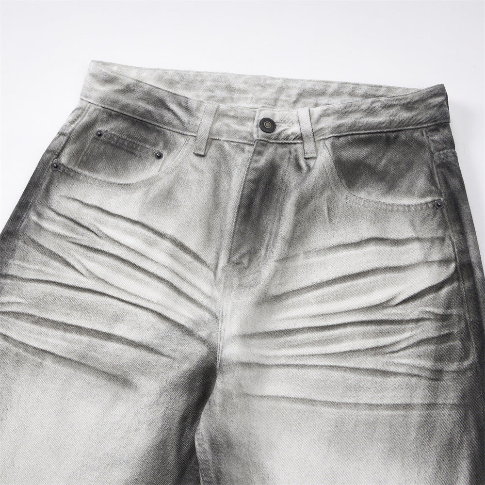 Men's Denim Jeans, Distressed Faded Catwhisker Design,  Casual Loose Fit Pants