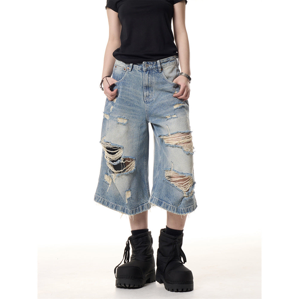 Summer Ripped Thin Cropped Pants in Blue Denim