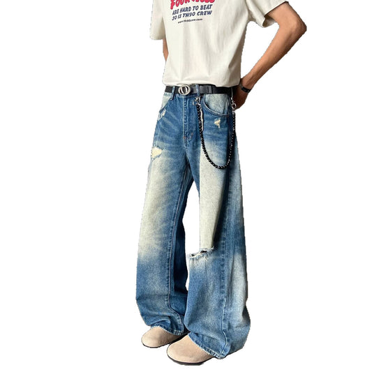 Ripped and Washed Denim Straight Leg Pants
