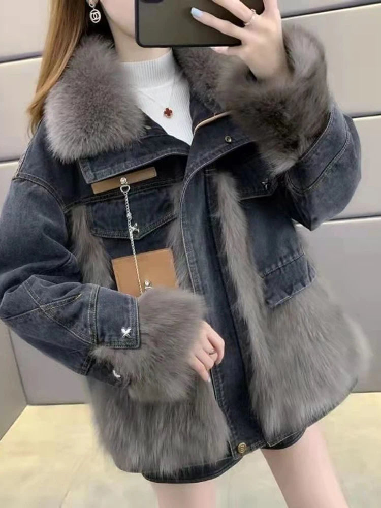 Stylish Women's Faux Fur Jacket - Denim Coat with Long Sleeves and Loose Fit