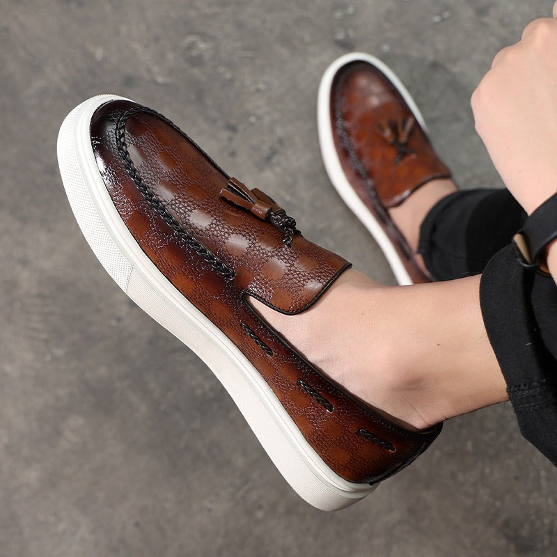 Breathable Leather Loafers with Checkered Pattern