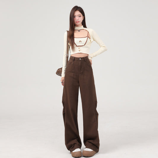 Women's Flared Denim Pants with Pleated Design for Fall Slimming Wide-Leg Trousers