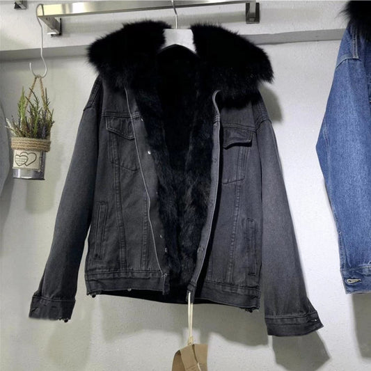 Velvet Cotton Coat with Denim Fur Collar