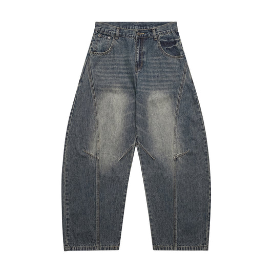 Washed Patchwork Loose Wide-Legged Knife-Edge Denim Pants