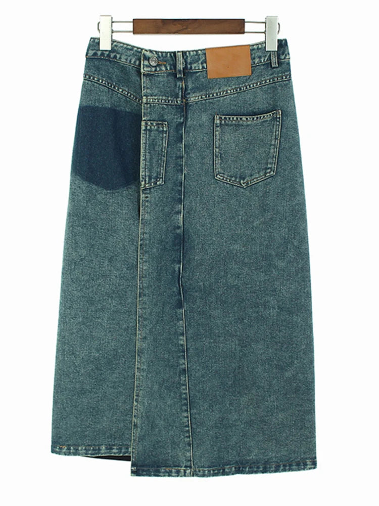 High Waist Blue Denim Color-Block Midi Skirt for Women