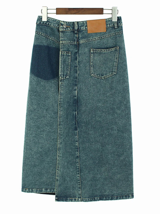 High Waist Blue Denim Color-Block Midi Skirt for Women