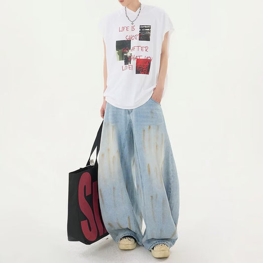 Distressed Wide-Leg Floor-Length Denim Pants with Curved Knife Design