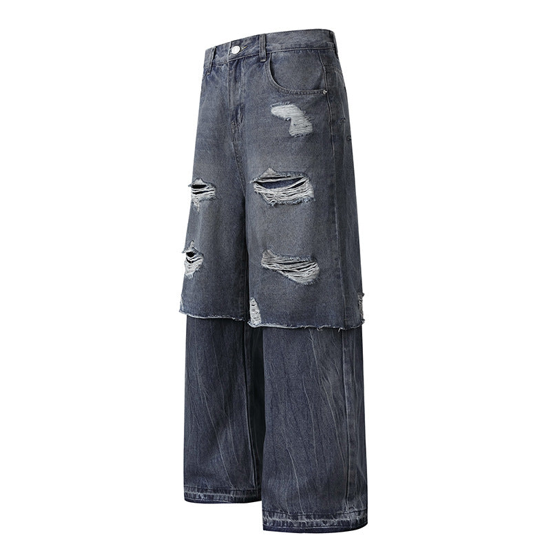 Ripped Faux Two-Piece Straight Leg Jeans Washed Casual Trousers
