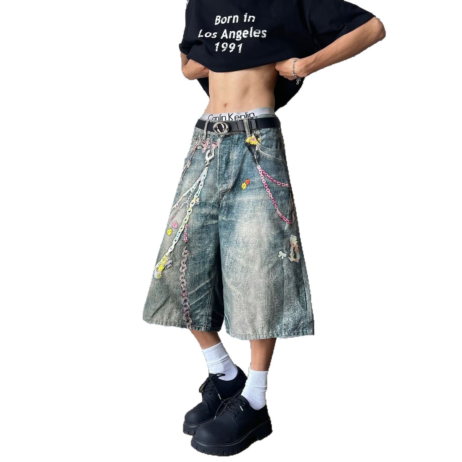 Vintage Chain Printed Denim Cropped Pants