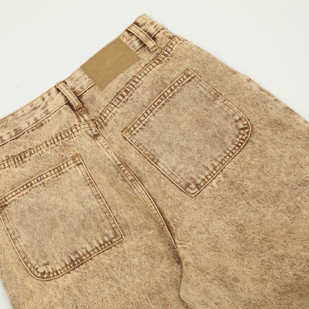 Men Heavy Industry Laundry Vintage Prewashed Yellow Jeans Straight Leg