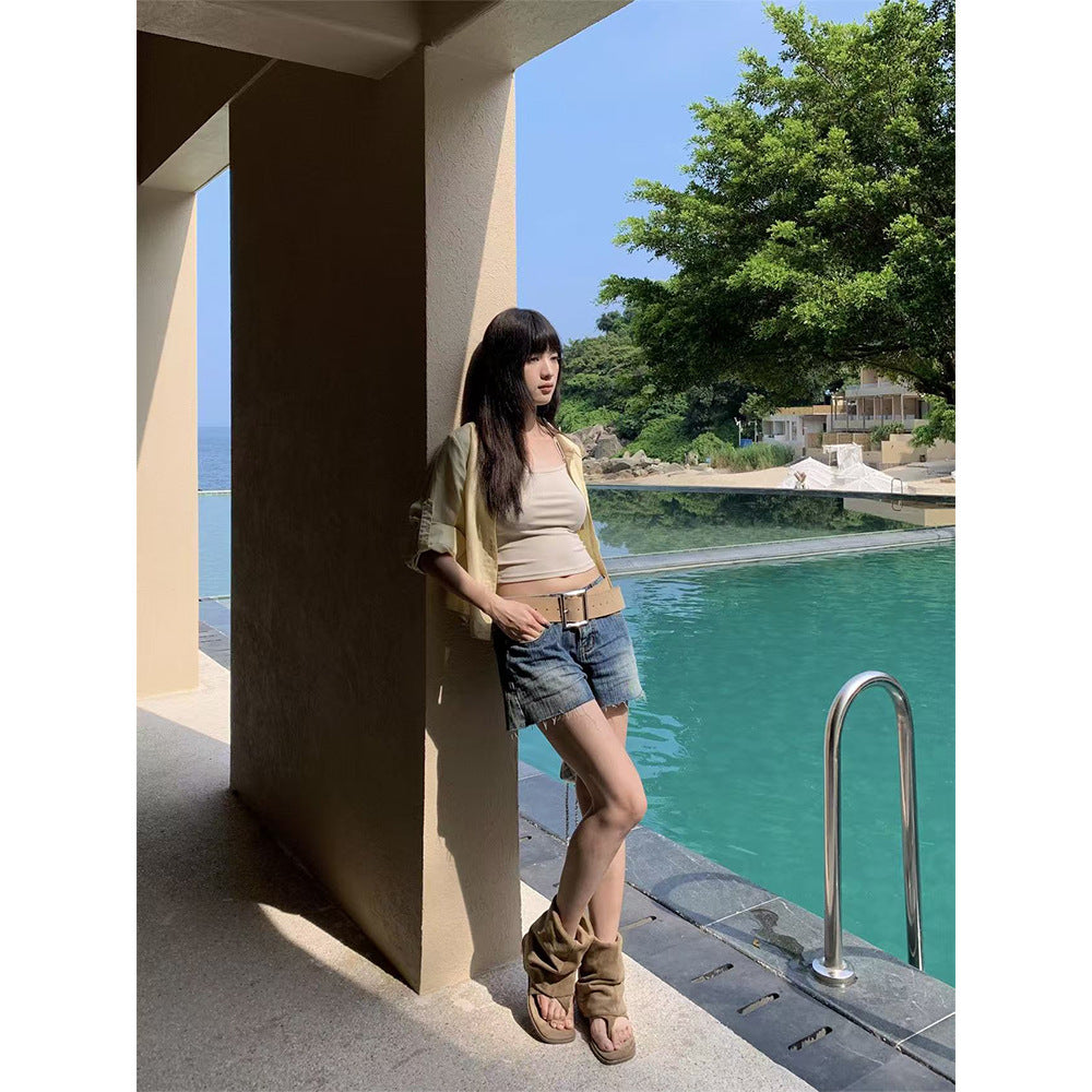 Sweet and Spicy Women's Denim Shorts - Versatile Retro Frayed Hem Pants