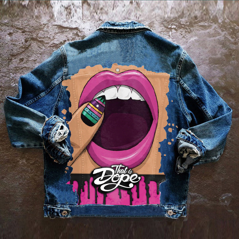 Women's  Denim Jacket with Lips Print