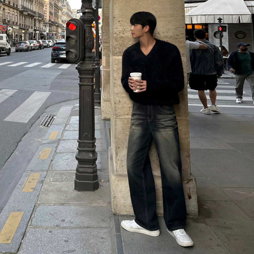 Vintage Distressed Straight Leg Jeans for Men - Winter Loose Thick Long Pants - Commute Wide Leg Pants